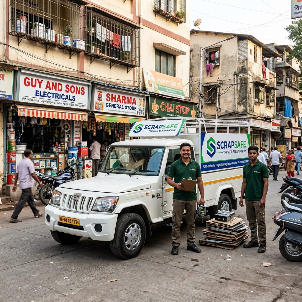 Indian city scrap pickup service with branded vehicle and professional team