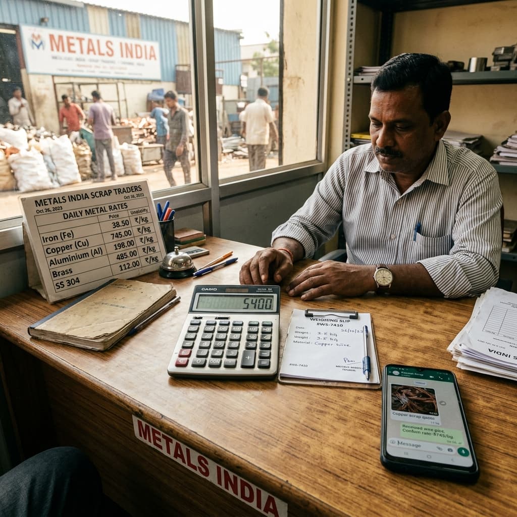 Scrap price calculation desk with metal rate chart weighing slip and WhatsApp quote