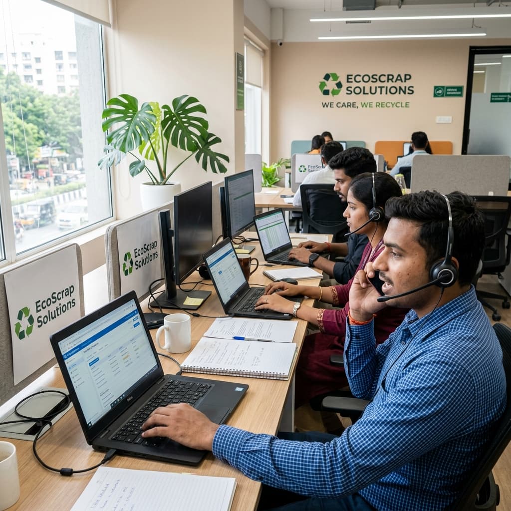 Professional MyScrapDealer support team coordinating scrap pickup enquiries in modern office